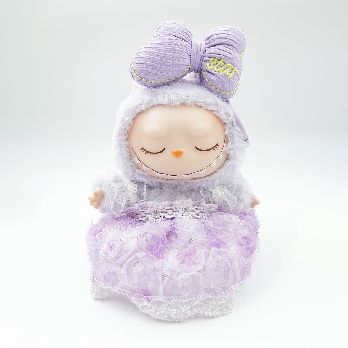 Labubu Fashion – Purple Floral Wedding Dress with Ribbon Headpiece